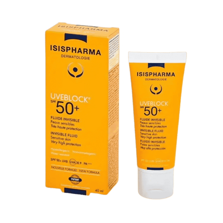 ISISPHARMA Uveblock SPF50+ invisible fluid sunscreen 40ml tube with orange and white packaging