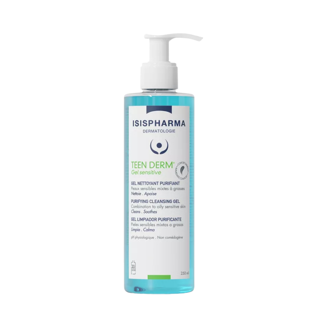 ISISPHARMA Teen Derm Sensitive Gel cleanser 250ml tube with blue label and flip cap visible