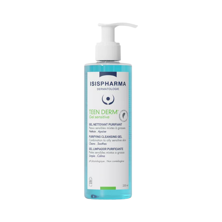 ISISPHARMA Teen Derm Sensitive Gel cleanser 250ml tube with blue label and flip cap visible
