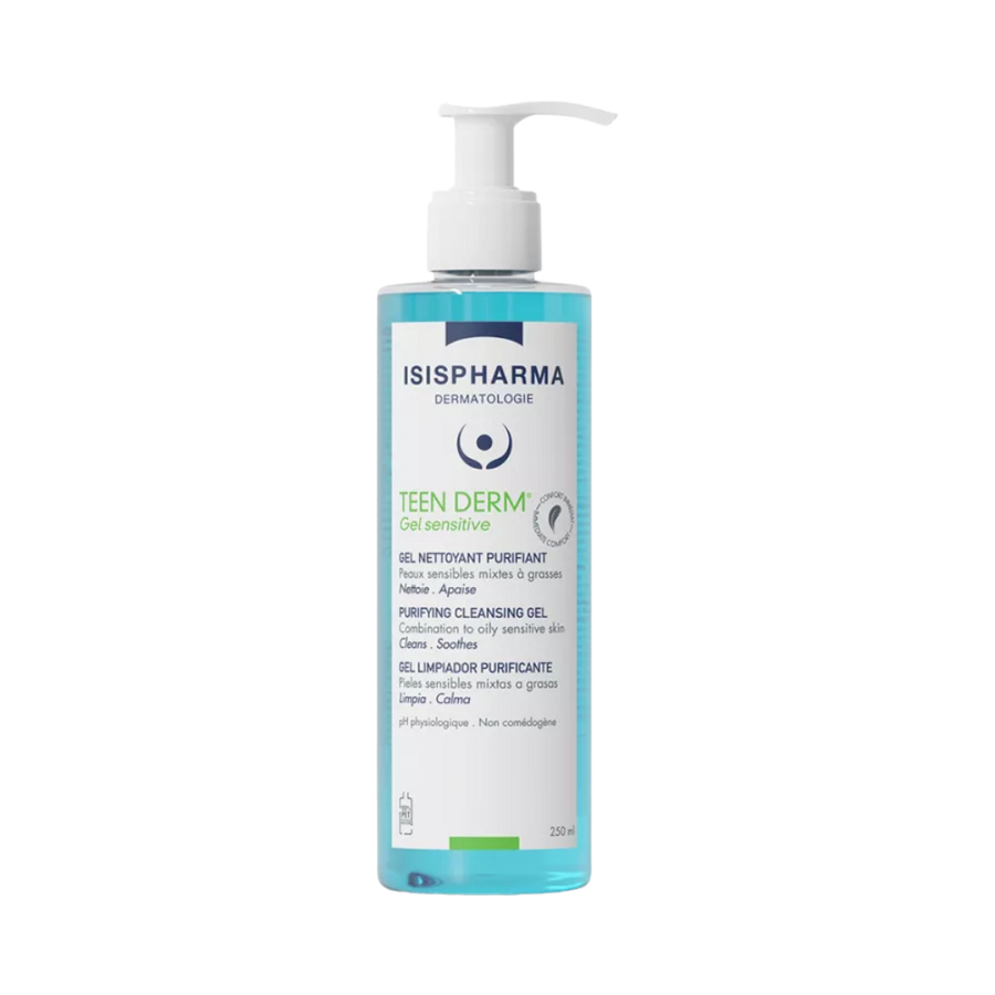 ISISPHARMA Teen Derm Sensitive Gel cleanser 250ml tube with blue label and flip cap visible