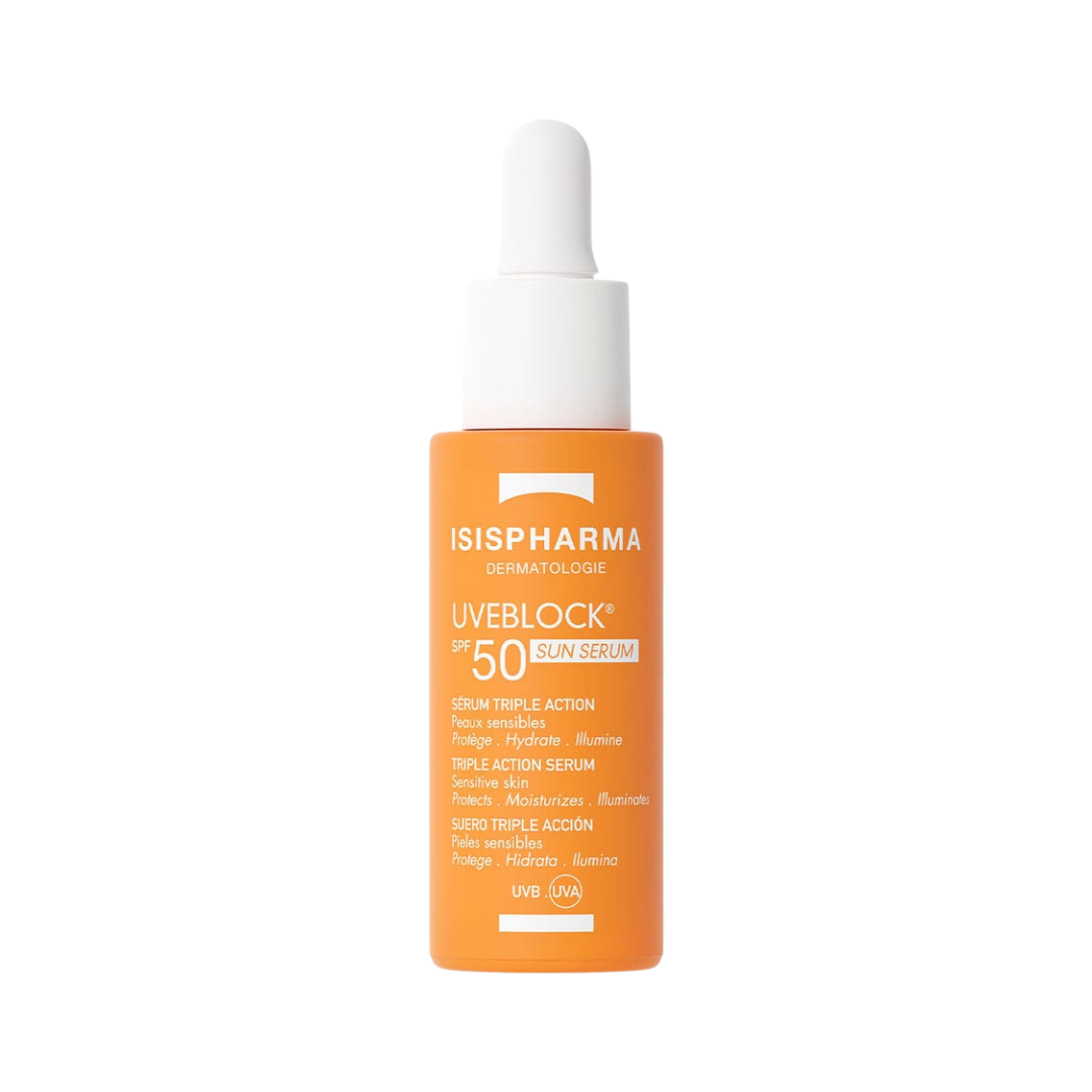 Isispharma Uveblock SPF 50 sun serum 28ml in orange dropper bottle with white cap