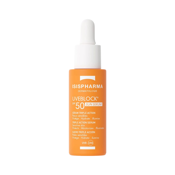 Isispharma Uveblock SPF 50 sun serum 28ml in orange dropper bottle with white cap