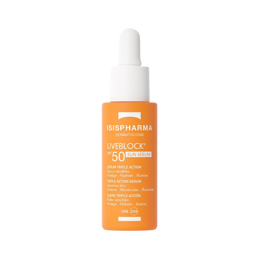 Isispharma Uveblock SPF 50 sun serum 28ml in orange dropper bottle with white cap