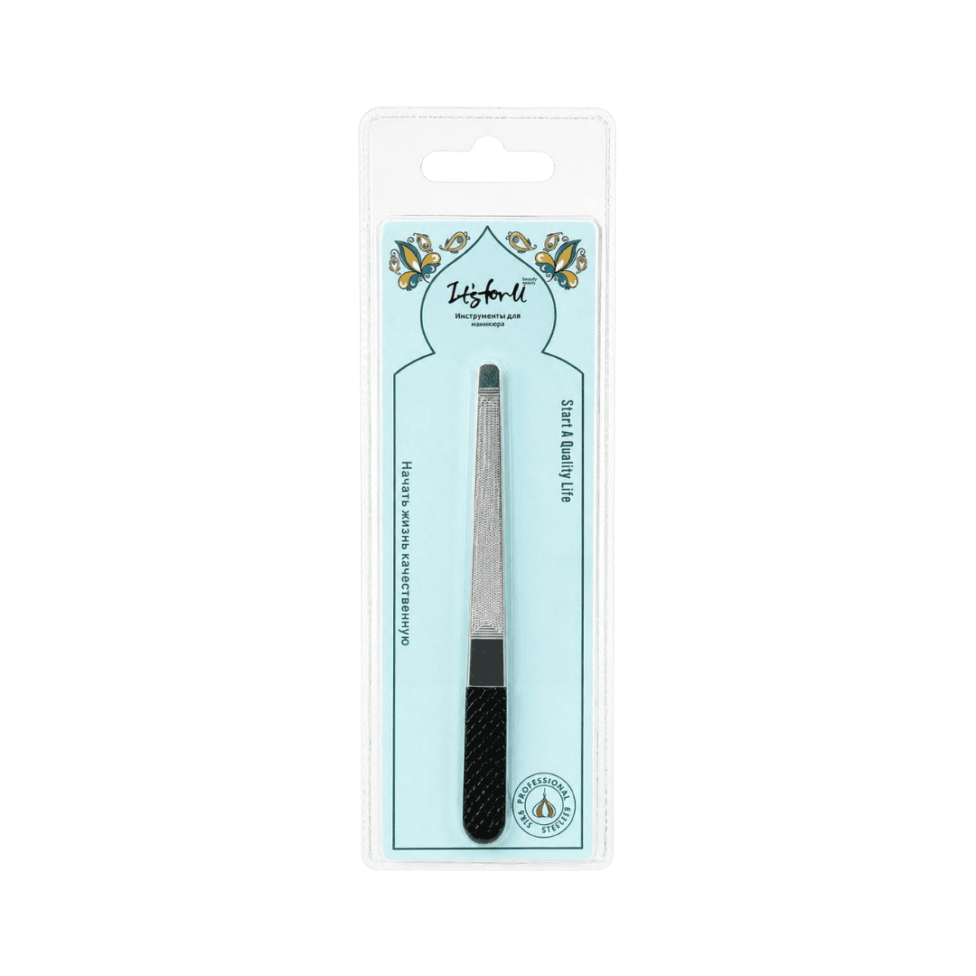 Its For U stainless steel nail file with black handle in blue blister packaging
