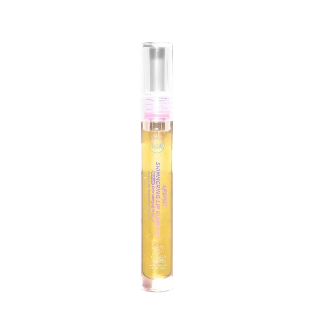 J.Cat shimmering lip gloss oil Citrus Squeeze shade, clear tube with silver cap, slim packaging, approximately 3 ml