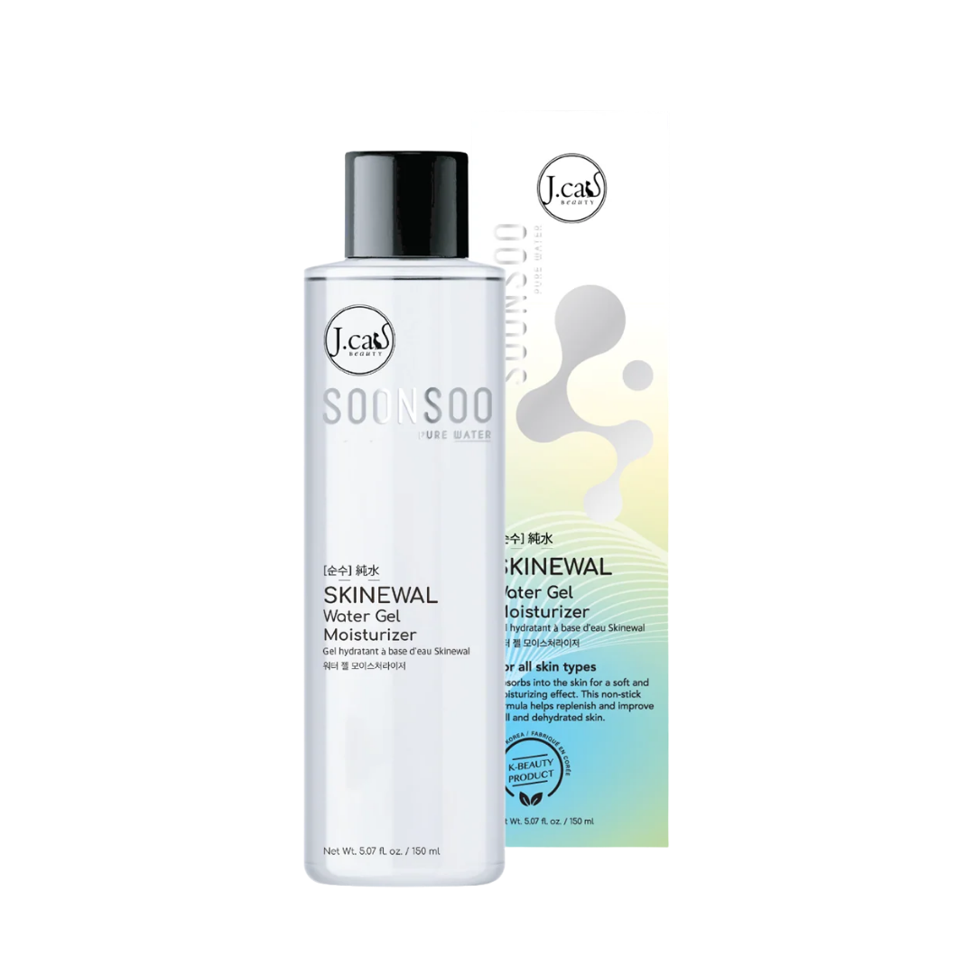 J.Cat Soonsoo SKINEWAL Water Gel Moisturizer, 150ml, clear cylindrical bottle with black cap and matching holographic box.