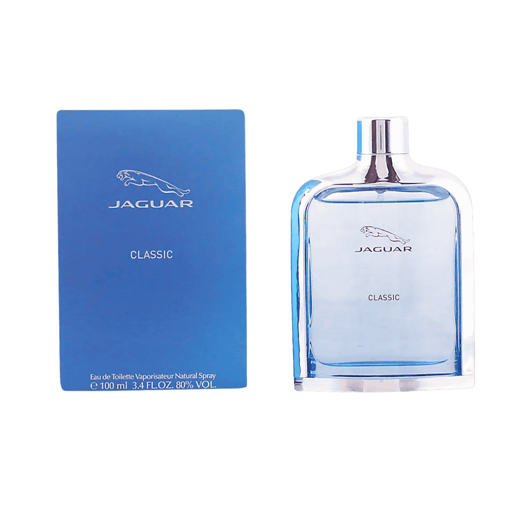 Jaguar Classic Eau de Toilette 100ml, blue bottle with silver cap, in blue packaging.