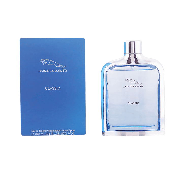 Jaguar Classic Eau de Toilette 100ml, blue bottle with silver cap, in blue packaging.
