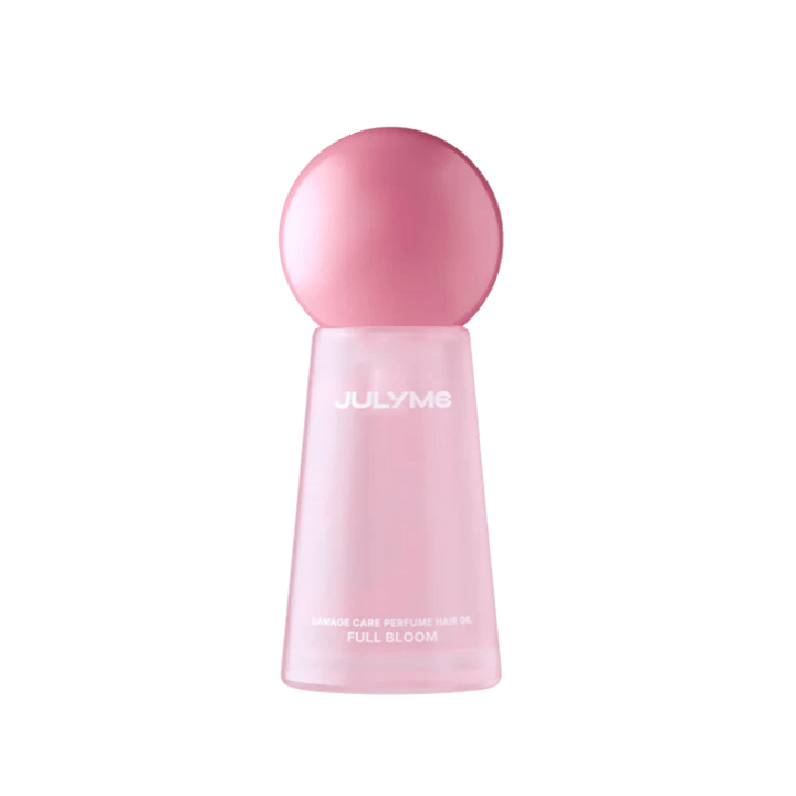 JulyMe Full Bloom Damage Care Perfume Hair Oil, pink frosted bottle with rounded cap, printed text branding, 582x602px 