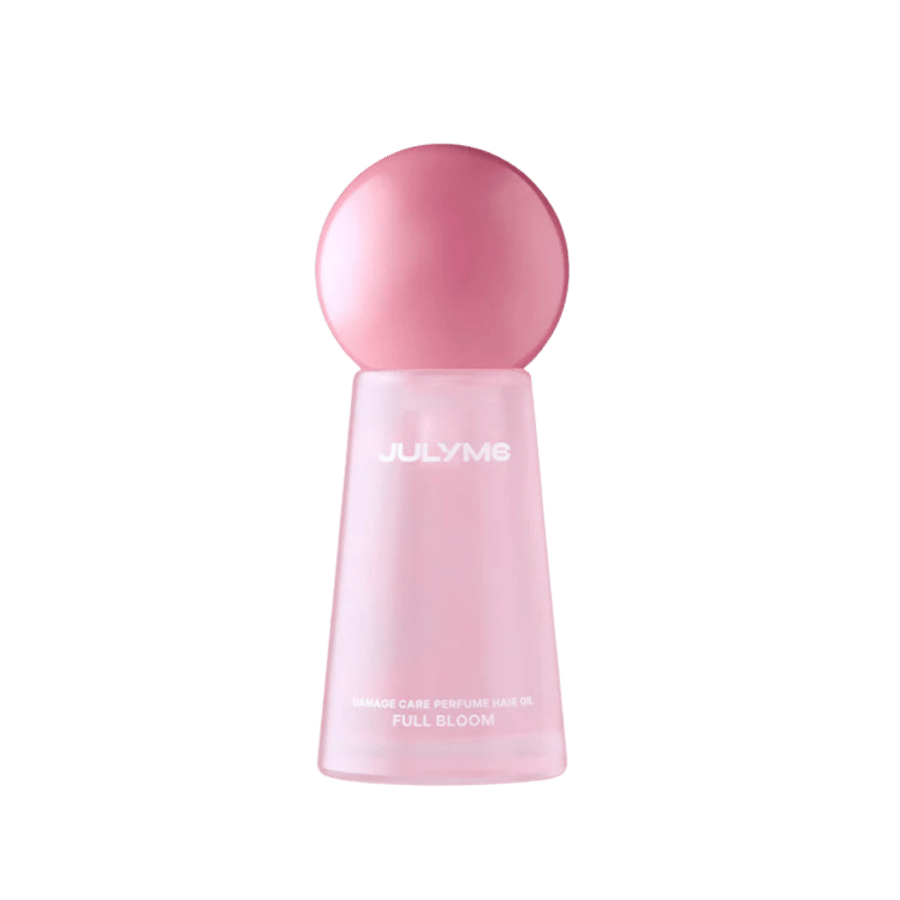 JulyMe Full Bloom Damage Care Perfume Hair Oil, pink frosted bottle with rounded cap, printed text branding, 582x602px 
