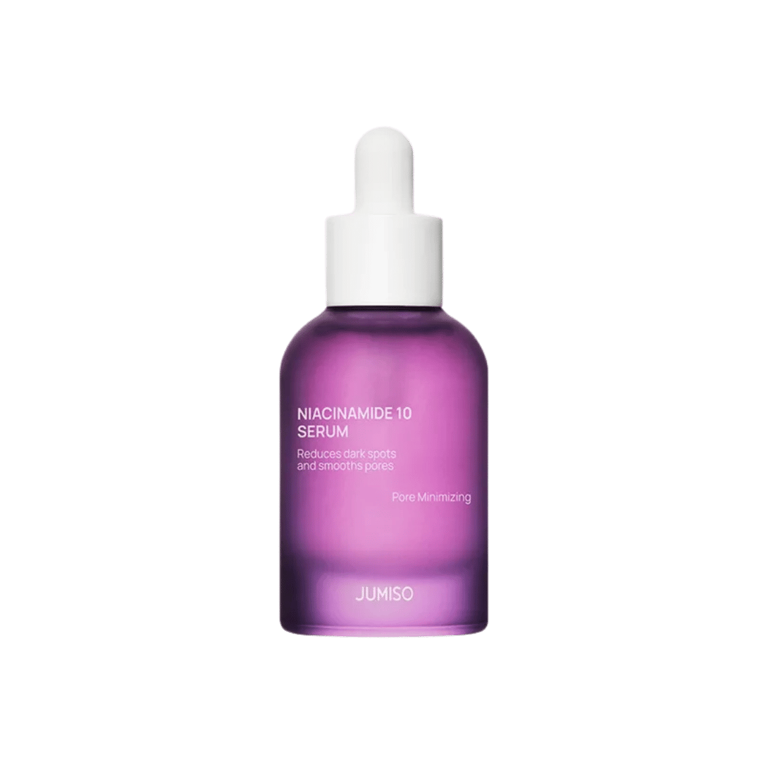 Jumiso Niacinamide 10 Serum, purple glass dropper bottle with white cap and printed text branding, 1080x1080px 