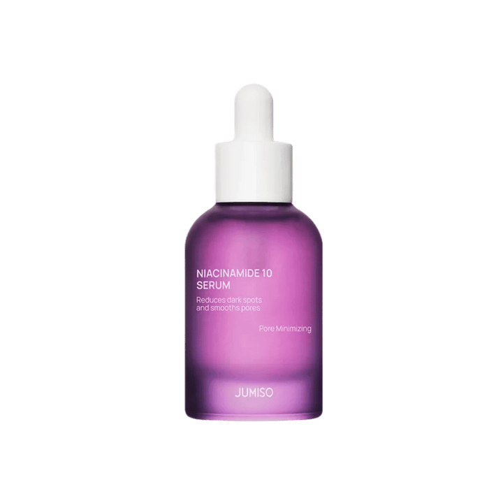 Jumiso Niacinamide 10 Serum, purple glass dropper bottle with white cap and printed text branding, 1080x1080px 