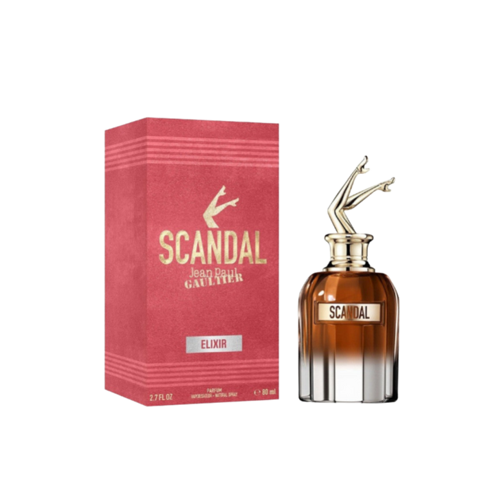Jean Paul Gaultier Scandal Elixir Eau de Parfum, 80 ml, with unique bottle design featuring a golden leg motif.