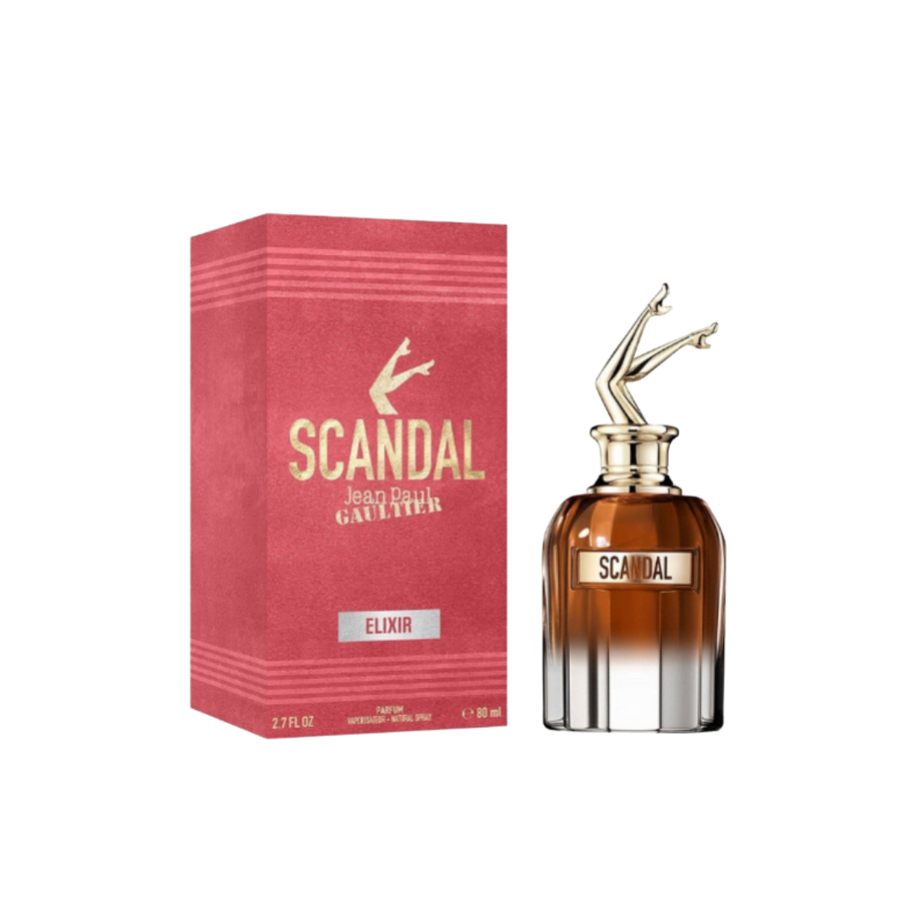 Jean Paul Gaultier Scandal Elixir Eau de Parfum, 80 ml, with unique bottle design featuring a golden leg motif.