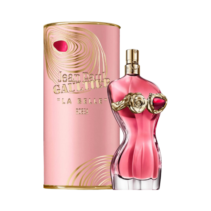 Jean Paul Gaultier La Belle Rose perfume, pink torso bottle with gold floral necklace and matching box.