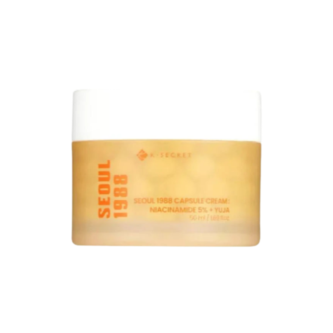 K-Secret Seoul 1988 Capsule Cream Niacinamide 5% Yuja, 50ml, yellow jar with white lid.