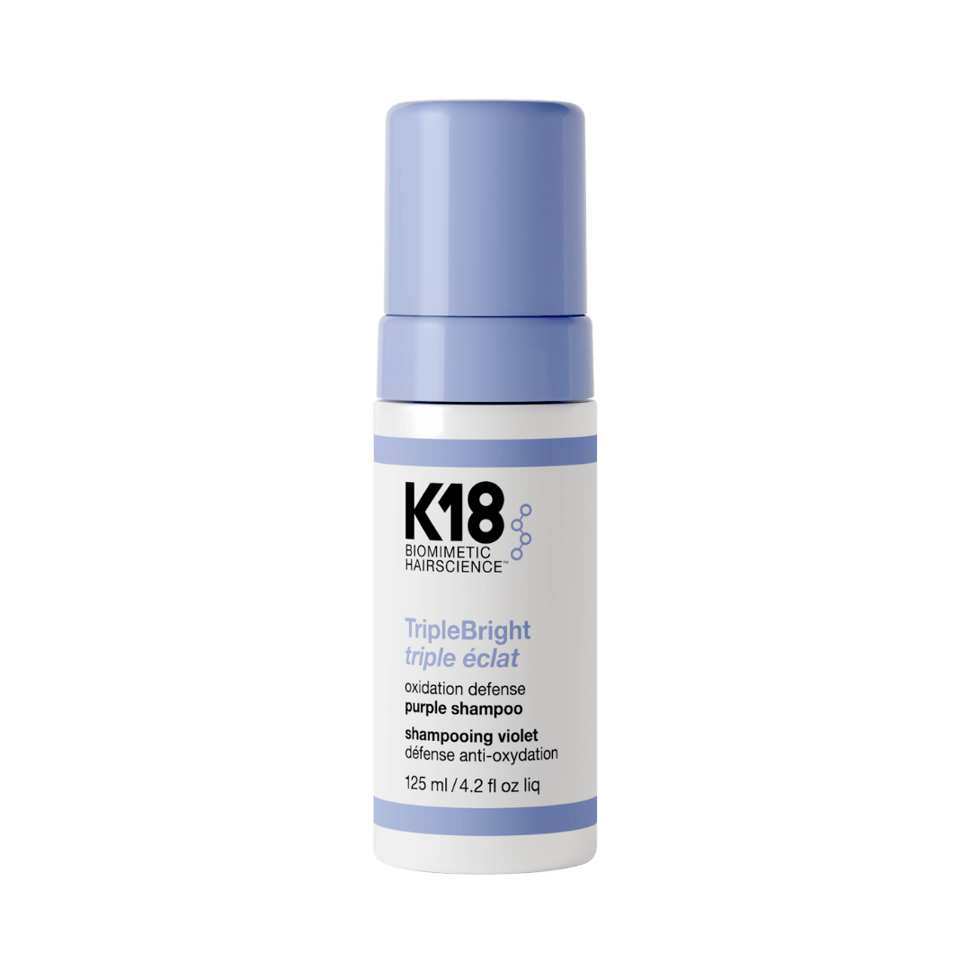 K18 TripleBright oxidation defense purple shampoo 125ml in white and blue pump bottle