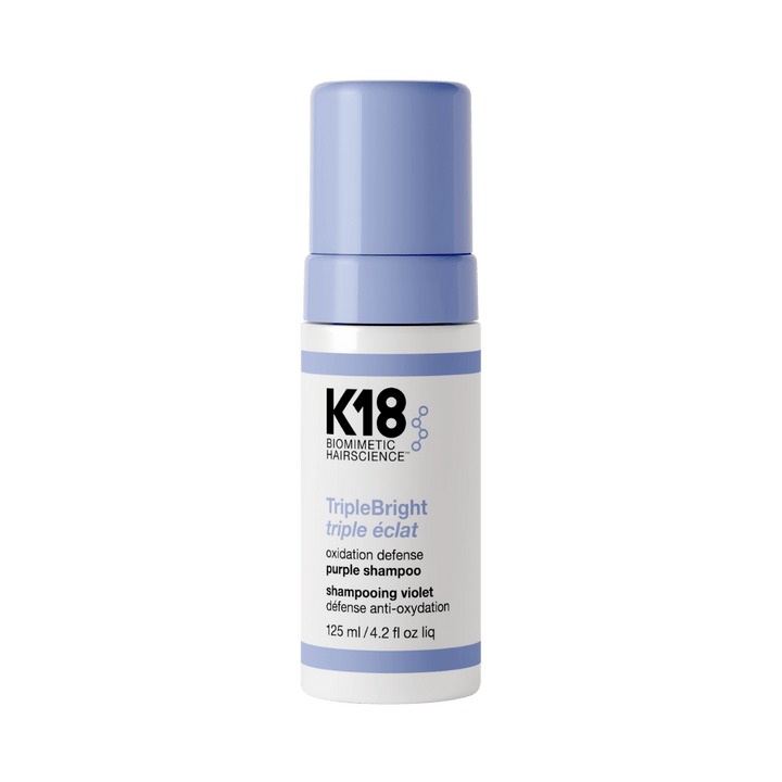 K18 TripleBright oxidation defense purple shampoo 125ml in white and blue pump bottle