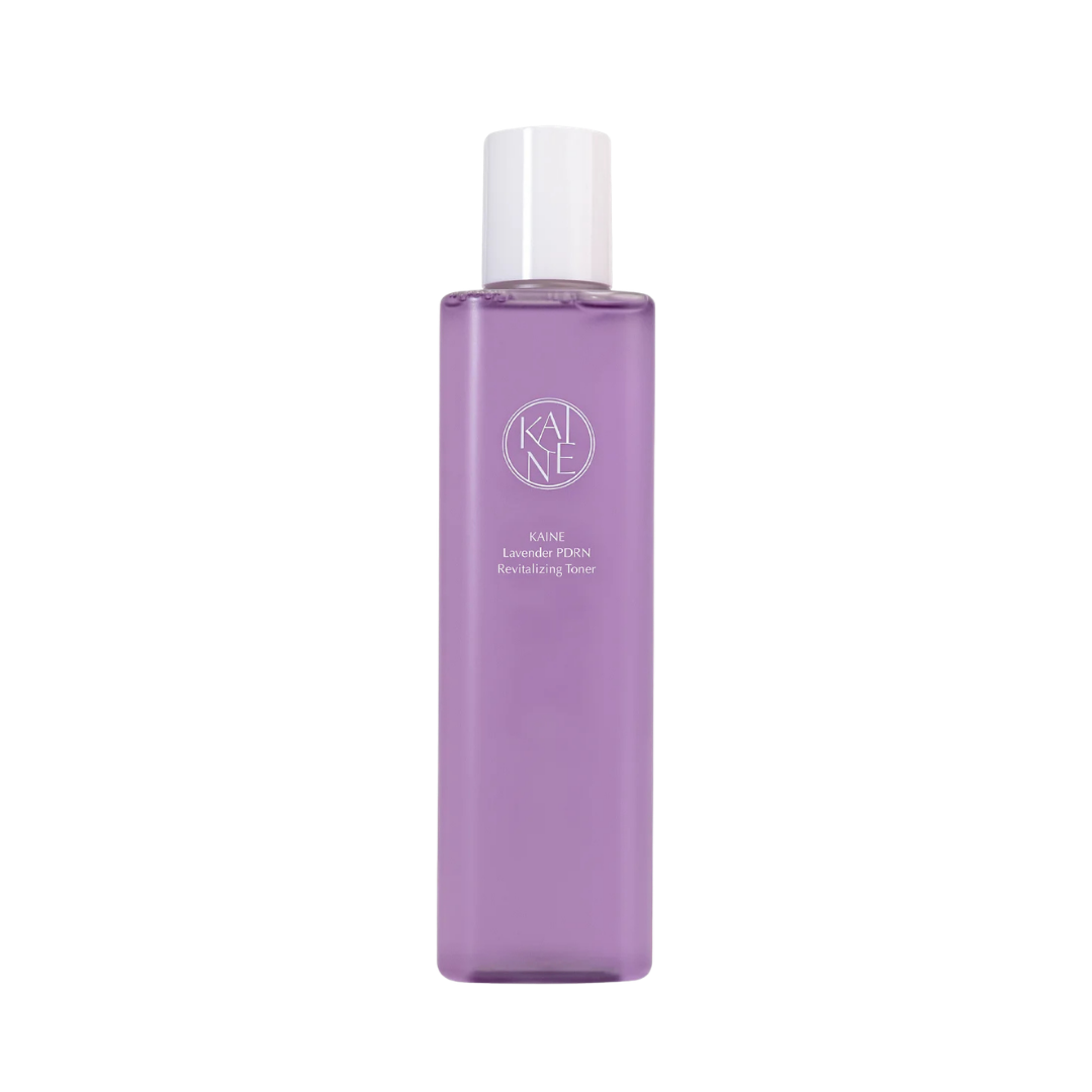 Kaine Lavender PDRN revitalizing toner purple bottle with white cap skincare product minimalist packaging