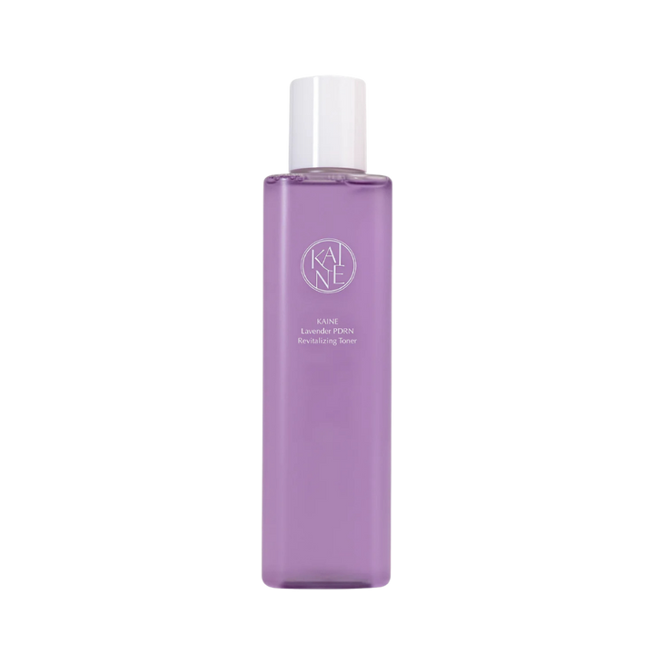 Kaine Lavender PDRN revitalizing toner purple bottle with white cap skincare product minimalist packaging