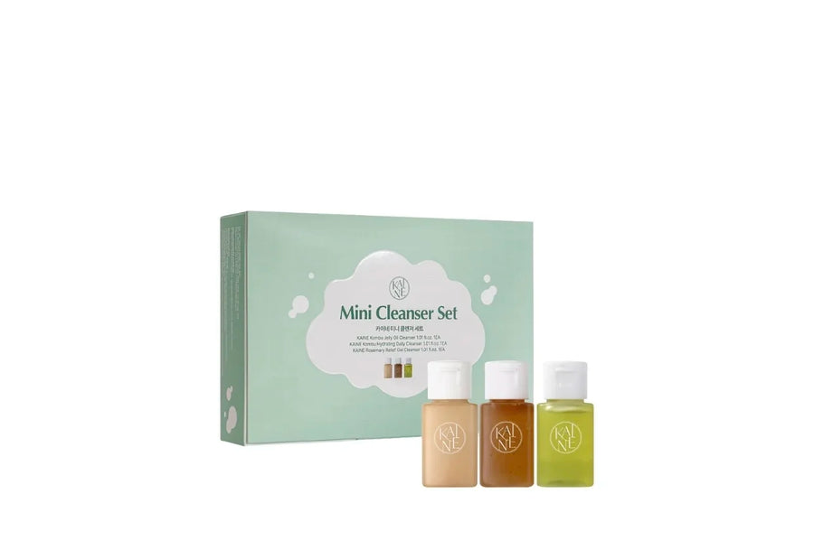 KAINE Mini Cleanser Set, 3 pcs, 30ml each, plastic bottles with white caps and KAINE logo on labels.