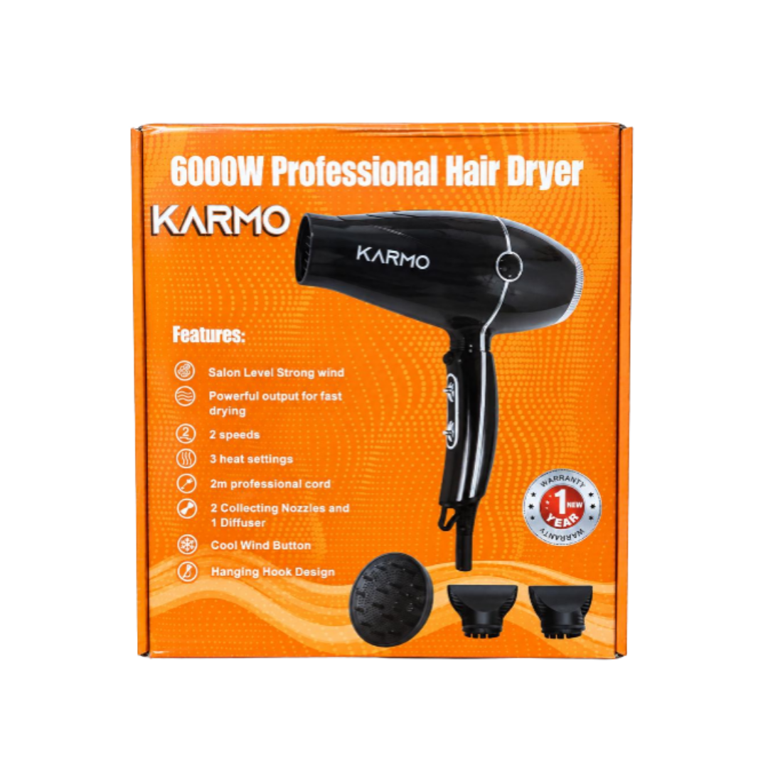 KARMO Professional Hair Dryer 6000W with 2 speeds, 3 heat settings, concentrator nozzles, diffuser, and hanging hook.