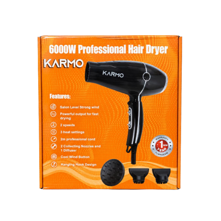 KARMO Professional Hair Dryer 6000W with 2 speeds, 3 heat settings, concentrator nozzles, diffuser, and hanging hook.