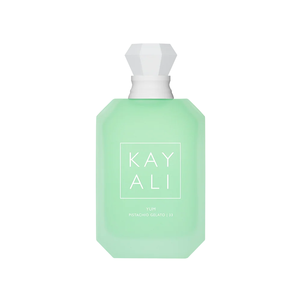 KAYALI Yum Pistachio Gelato 33 Eau de Parfum 100ml in frosted mint green geometric bottle.