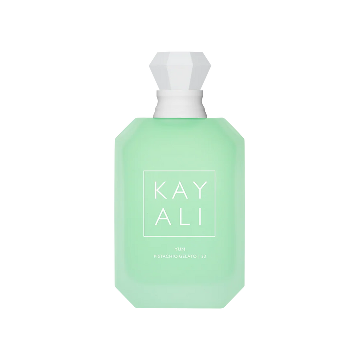 KAYALI Yum Pistachio Gelato 33 Eau de Parfum 100ml in frosted mint green geometric bottle.
