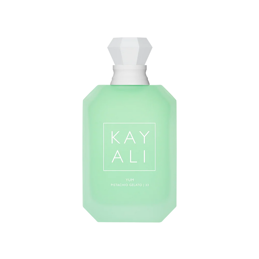KAYALI Yum Pistachio Gelato 33 Eau de Parfum 100ml in frosted mint green geometric bottle.
