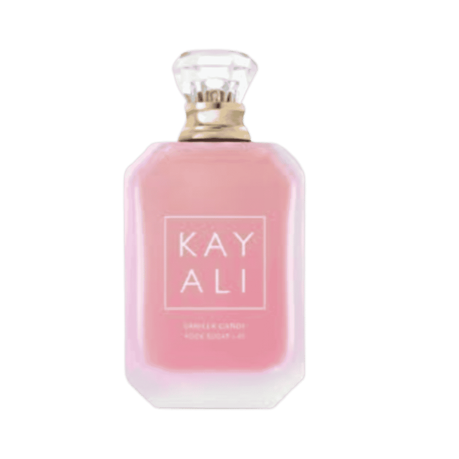 KAYALI Vanilla Candy Rock Sugar 42 Eau de Parfum 100ml in pink faceted glass bottle with clear cap.