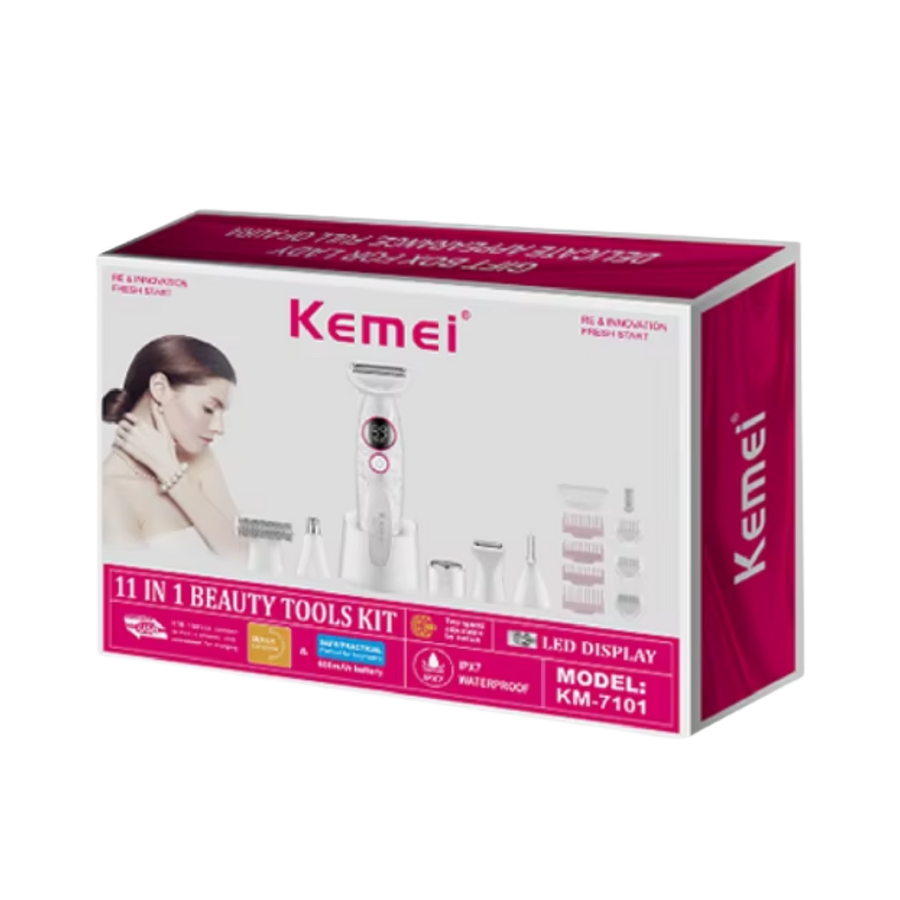 Kemei 11-in-1 Beauty Tools Kit, model KM-7101, includes multiple attachments, LED display, waterproof design.

