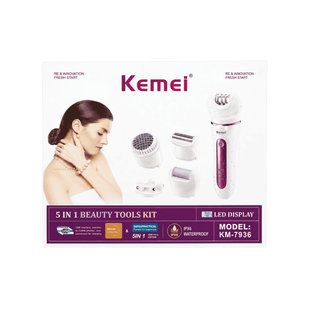 Kemei KM-7936 5-in-1 beauty tools kit, white epilator device with attachments in purple packaging.