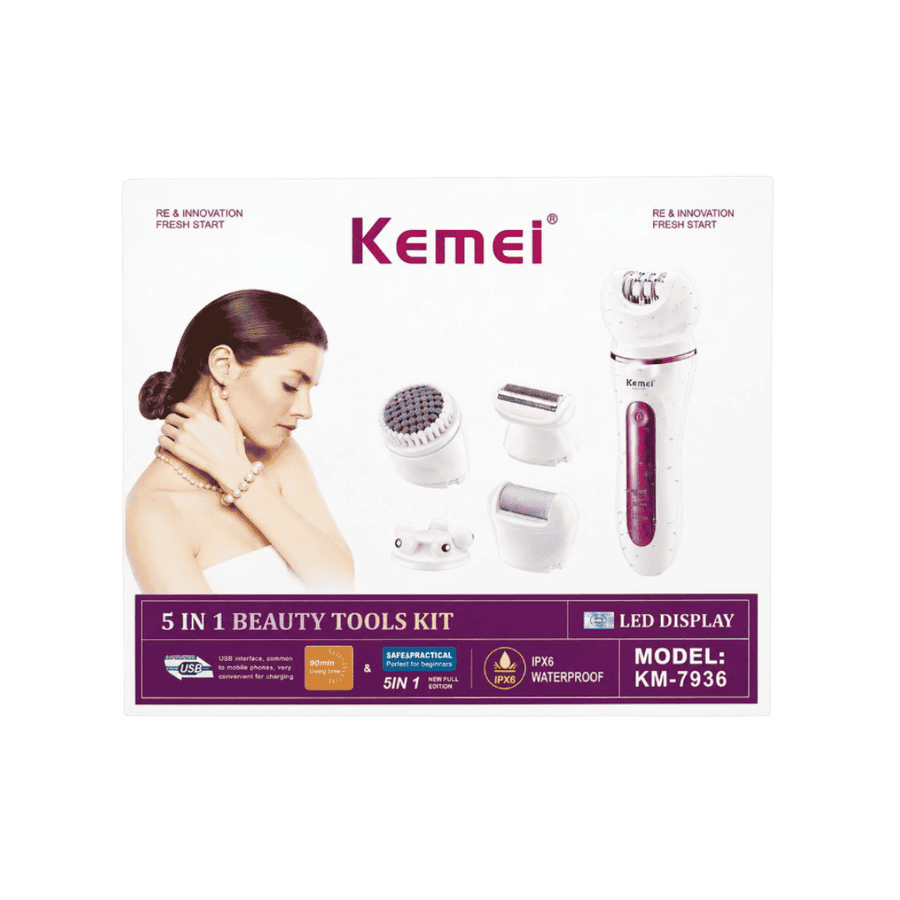 Kemei KM-7936 5-in-1 beauty tools kit, white epilator device with attachments in purple packaging.