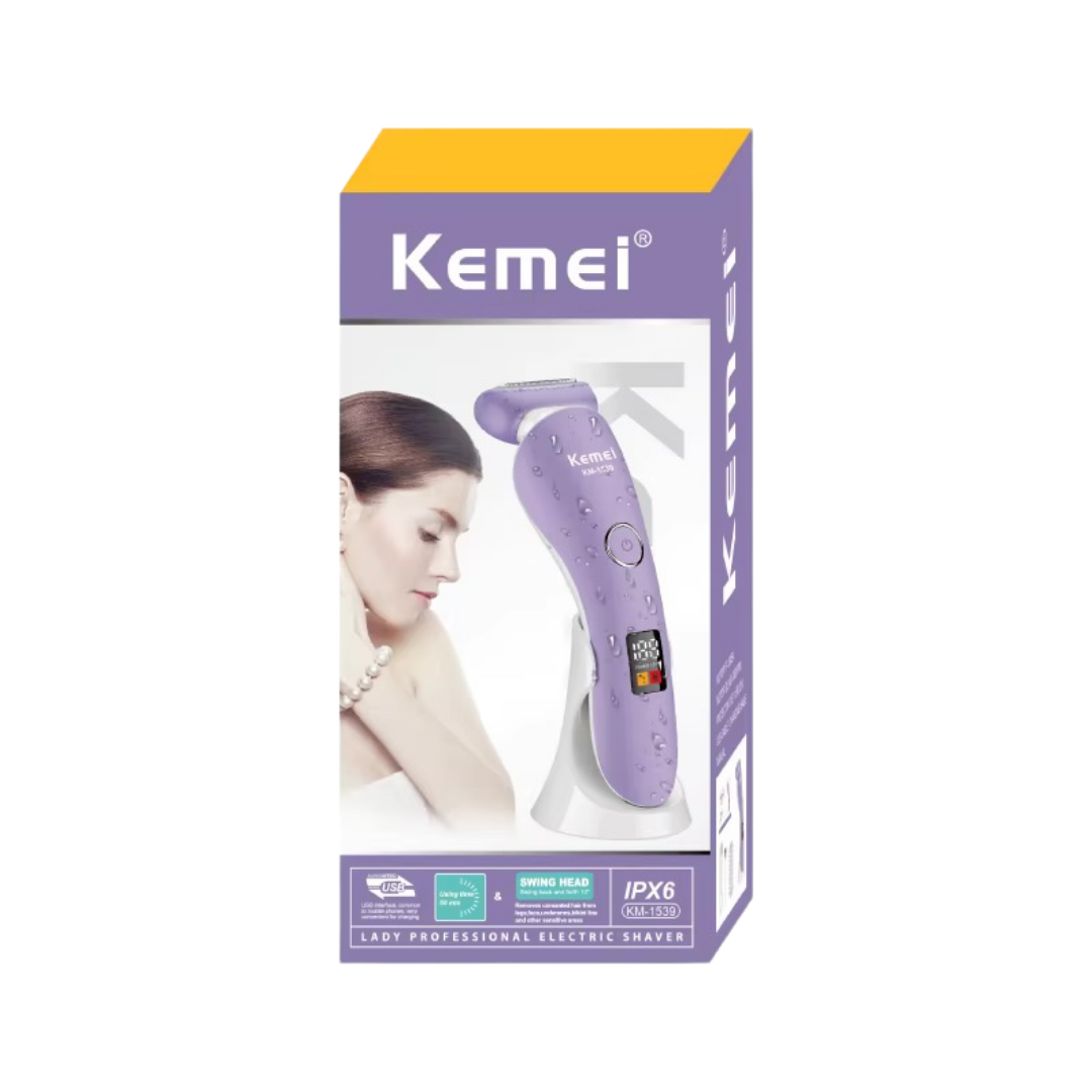 KEMEI Lady Professional Electric Shaver KM-1539 purple cordless shaver on retail box packaging