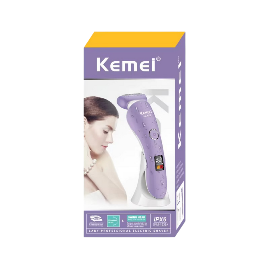 KEMEI Lady Professional Electric Shaver KM-1539 purple cordless shaver on retail box packaging