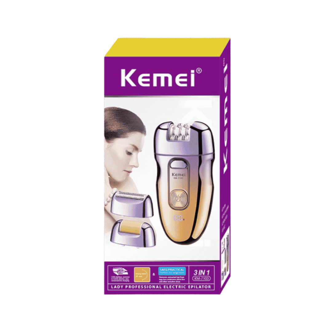 Kemei KM-1703 lady epilator 3 in 1 box with purple packaging and attachments