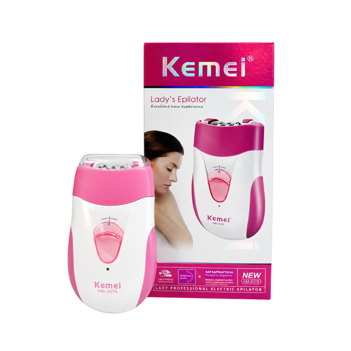 KEMEI Lady Epilator KM-2078 white and pink electric epilator with matching retail box packaging