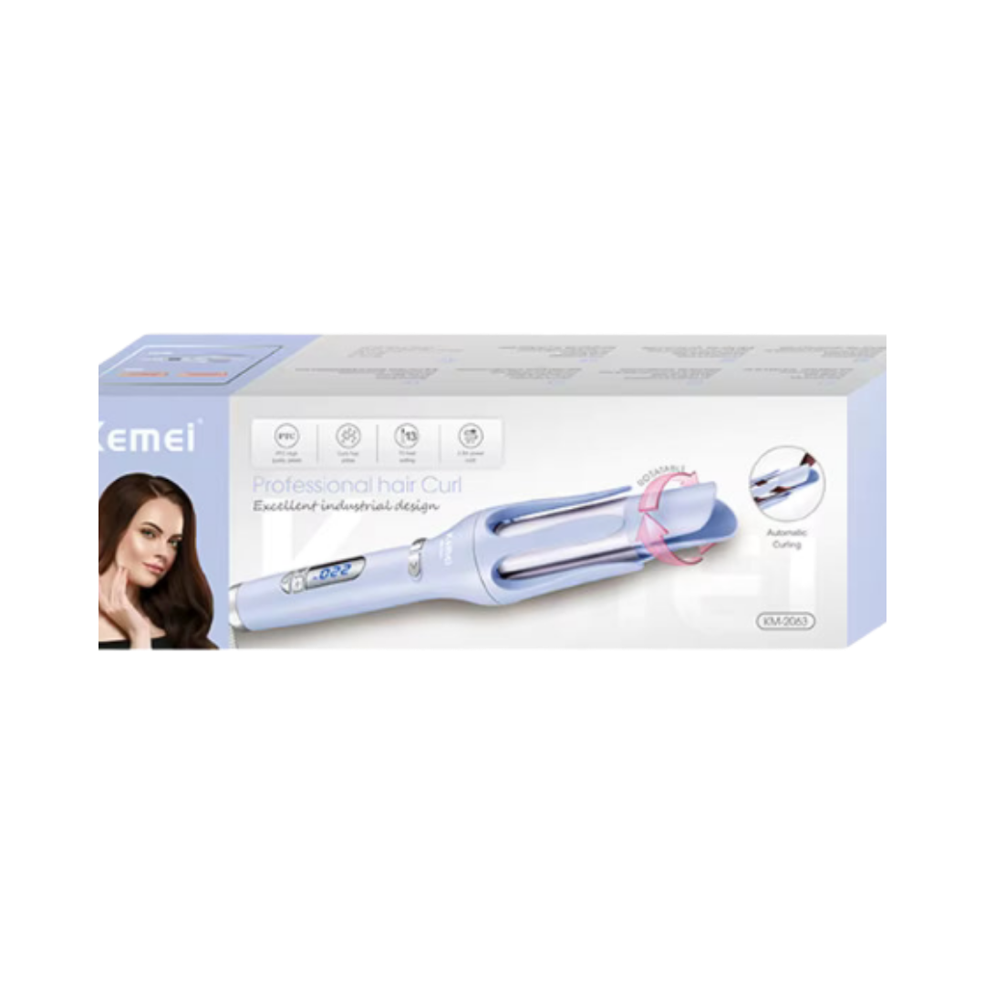 Kemei Professional Hair Curl automatic curling iron with blue design, excellent industrial design, packaging box.
