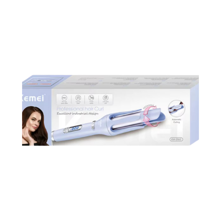 Kemei Professional Hair Curl automatic curling iron with blue design, excellent industrial design, packaging box.