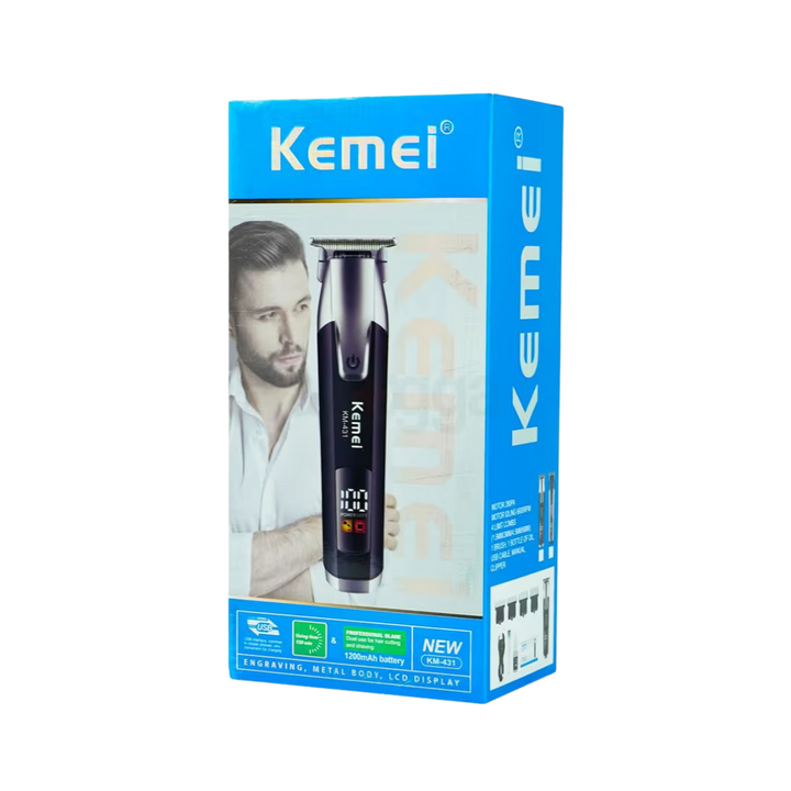 Kemei professional hair trimmer electric clipper with digital display and T-blade in blue retail box packaging