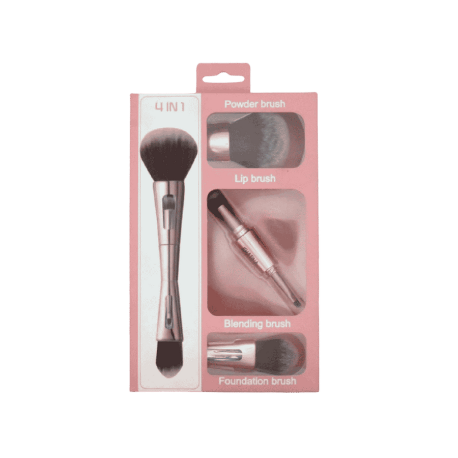 Four-in-one makeup brush set with powder, lip, blending and foundation brushes in pink windowed packaging.