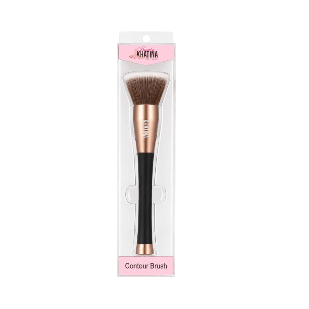 KHATINA contour makeup brush with angled brown bristles, black handle, rose-gold ferrule, packaged in clear case.