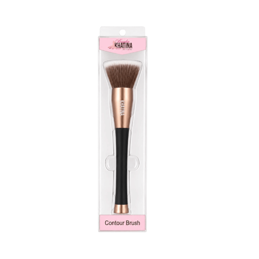 KHATINA contour makeup brush with angled brown bristles, black handle, rose-gold ferrule, packaged in clear case.