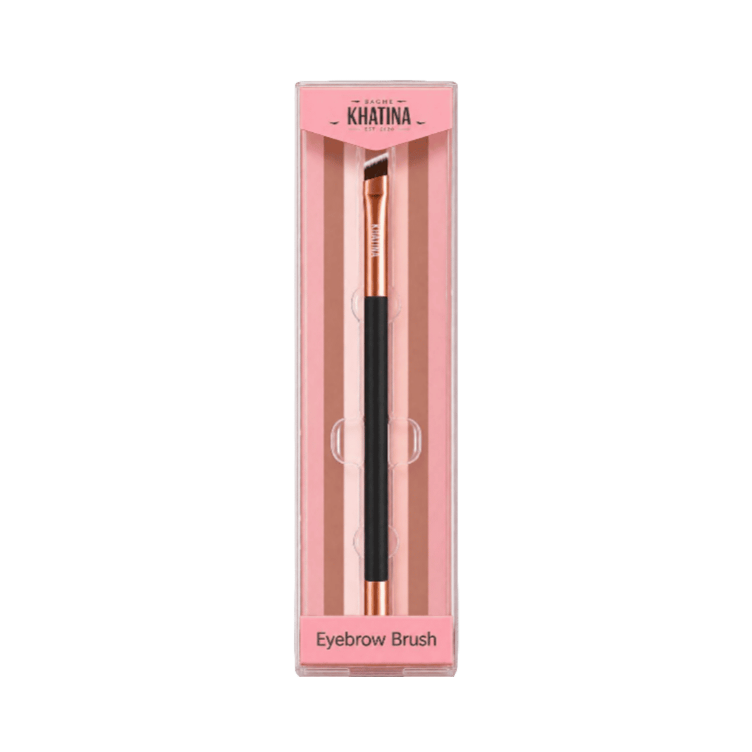 Sacha Khatina Eyebrow Brush angled makeup brush with pink packaging box