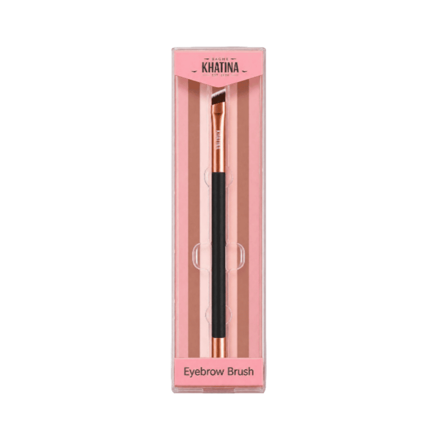 Sacha Khatina Eyebrow Brush angled makeup brush with pink packaging box