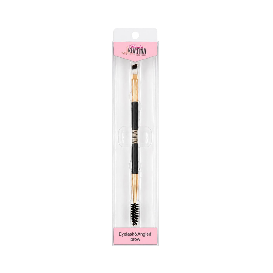 KHATINA dual-ended eyelash and angled brow brush with black handle, gold ferrules, spoolie, and clear packaging.