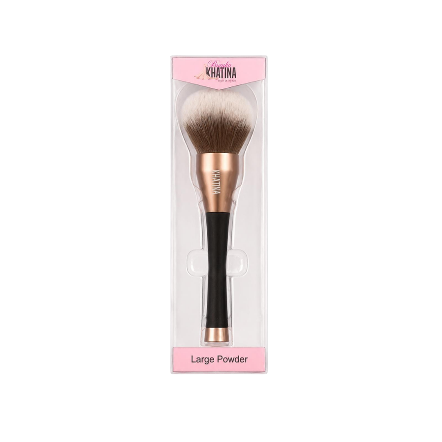 KHATINA Large Powder Brush, black handle with rose-gold ferrule, dense brown-to-white bristles, packaged in clear rectangular case.