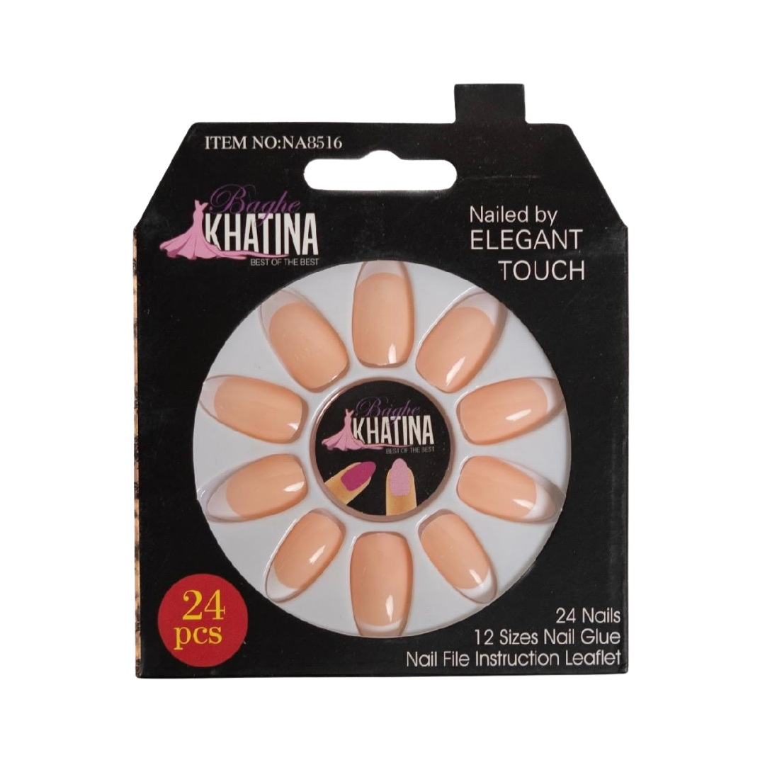 Khatina Artificial Nails, 24 pieces, with 12 sizes of nail glue and a nail file instruction leaflet.