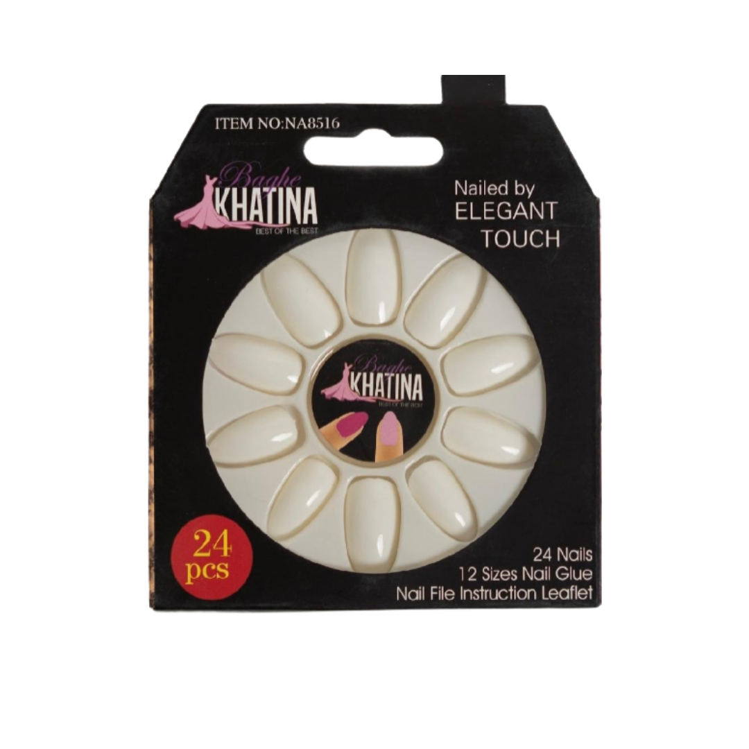 Bahe Khatina Press-On Nails by Elegant Touch, 24 pieces in 12 sizes, nude shade set with nail glue and file included.